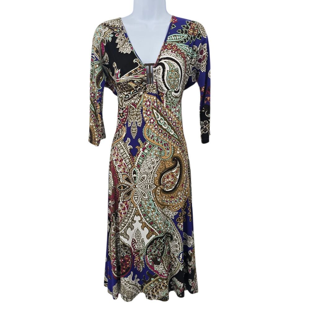 Just Cavalli Ittierre Era Paisley Jersey Midi Dress V Neck Logo Hardware Y2K